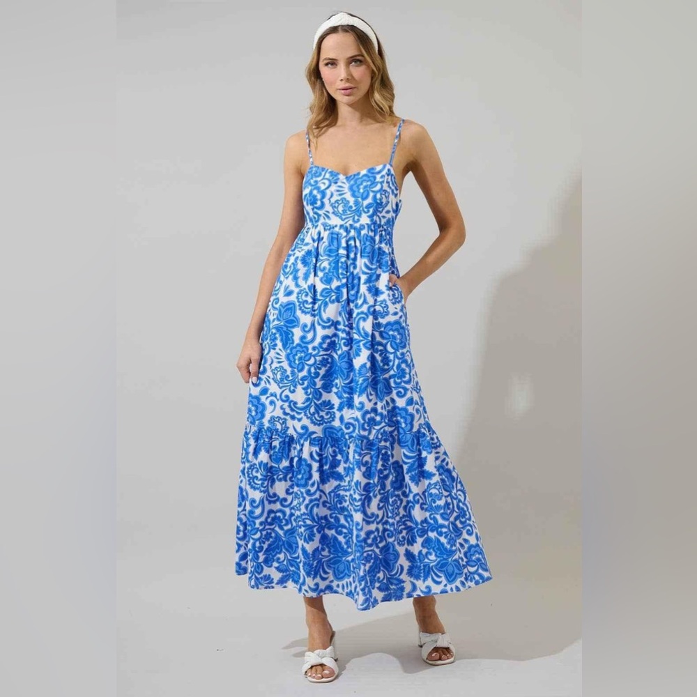 Sugarlips White and Blue Patterned Maxi Dress